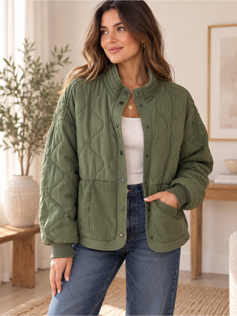 Blank NYC Olive Green Quilted Oversized Utility Jacket Size Small Snap Front